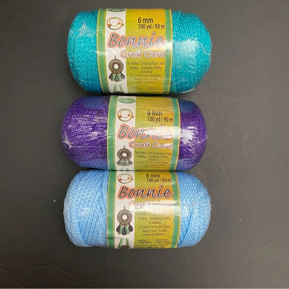 Pepperell Bonnie Macrame Craft Cord Lot of Purple, Sky Blue, Turquoise 6mmX100yd - Picture 1 of 2